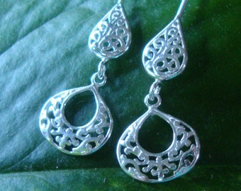 Earrings  solid silver filigree teardrop dangles with hooks, leverback, post/studs -pear, tear- solid sterling silver from recycled sources