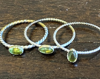 Little Peridot Dots in sterling silver ring with twisted band or smooth or hammered- August birthstone - Stack them up- there is a 6 stack