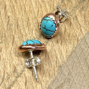 Turquoise earrings in Copper, 925 sterling silver or 14k or 10k gold (all solid)- Oval 8x6 mm - Studs/Posts & friction backs -Fine jewelry