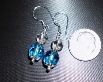 Swiss Blue Earrings - 925 Sterling Silver wires - Rock Crystal and manmade crystal beads silver plated findings 3/4" drops 1.25" total