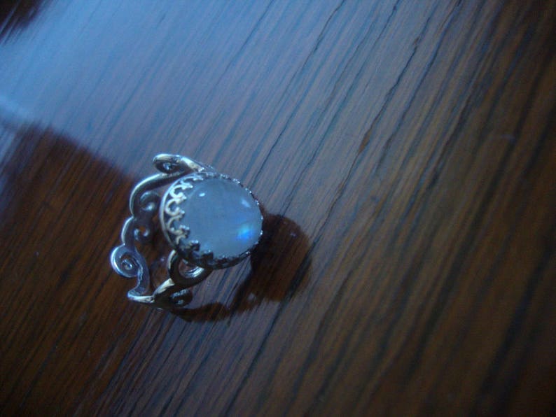 - 10x12mm Everyday engagement joy SALE Rainbow Moonstone Ring Fancy Curly band blue feminine solid sterling silver- Ready to mail Size 7