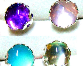 4 pair Earrings posts/studs bezel set 6mm - Sterling silver Green Moonstone, Blue & Pink Chalcedony, Amethyst- Made by me in USA