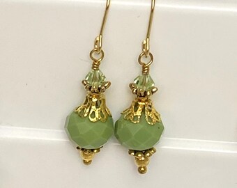 Green Jade and Erinite with yellow gold hooks - choose hooks in solid 10k or 14k gold or filled - 10mm faceted jade