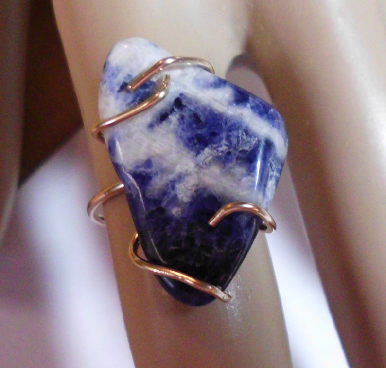 Minimal simple brutalist Blue n white Raw Sodalite set in Gold filled claws Size 6 READY To Mail 15x25mm Only one like it ever