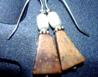 Earrings Feldspar and solid eco friendly sterling silver about 1" - truly handmade - brown pink orange hook go everywhere Office or Jeans