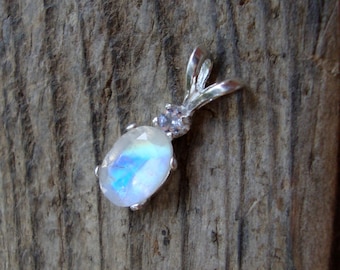 Rainbow Moonstone Pendant  7x5mm, 1 ct,  faceted oval w Tanzanite ethical- solid sterling silver June birthstone -made in USA -READY to SHIP