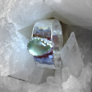 Prehnite in sterling silver ring - custom size hand forged - cool green 1/4&quot; wide recycled eco-friendly