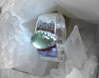 Prehnite in sterling silver ring - custom size hand forged - cool green 1/4" wide recycled eco-friendly