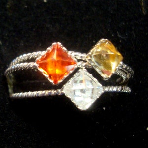 3 Ring stack Yellow, Orange, White -all r 4mm man made square birthstones set in  eco-friendly sterling silver Custom Made in your Size