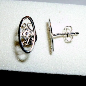 Minimalist Earrings silver studs post 5x11mm Flower & Filigree. solid .925 sterling silver- recycled sources -USA -READY to MAIL 3 days