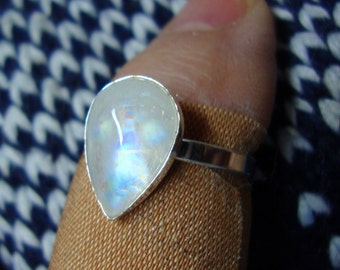 Ring Rainbow Moonstone Tear - 1/2" pear  in solid eco-friendly recycled sterling silver - Custom Made in your Size