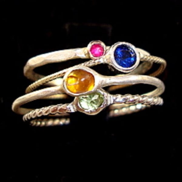 Stack of jewels in 10K gold and sterling silver 4 rings - custom size - Fair Trade, earth friendly and conflict free