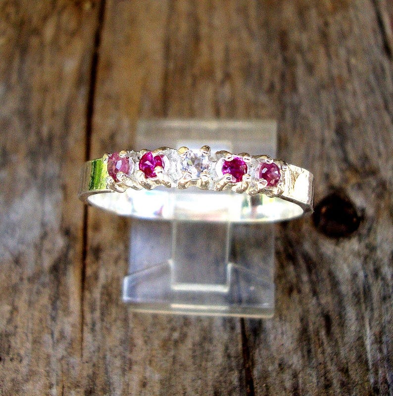 Ring - Natural rubies surround a little pink emerald in Custom Wedding or anniversary ring the silver is eco friendly recycled/reclaimed image 2