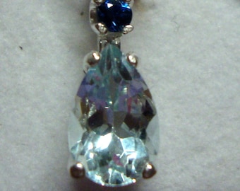 925 Pendant Aquamarine & blue Sapphire Pear 1.1 ct VVS Teardrop ethical solid sterling silver March birthstone Handmade USA