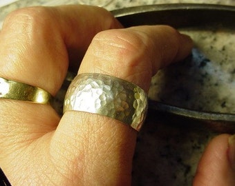 WIDE domed finger ring hammered artisan forged 11mm- adjustable or solid custom size - solid gold or .925 sterling silver  Wedding minimal