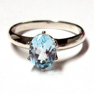 Topaz Ring -  Sky Blue Topaz 6x8mm in recycled hammered Sterling Silver- Custom made in your Size 3mm hr band