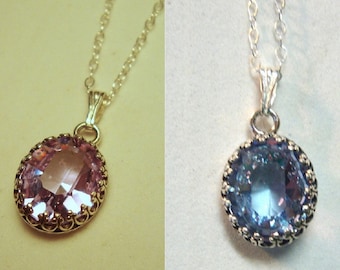 Conjunto de pingente e brincos de alexandrita com mudança de cor (sim), 12 x 10 mm e 10 x 8 mm, prata de lei ética com corrente. Pedra do mês de junho.