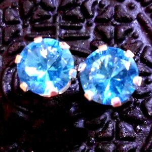 Silver Earrings 8mm Swiss Blue Topaz post studs solid sterling silver- HandMade in USA by me - Mail 1 day -PAIR December birthstone Happy *