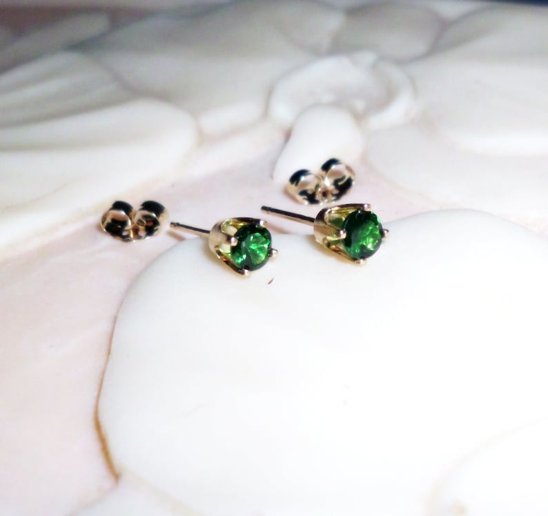 14k gold Earrings Tsavorite .25ct posts studs plain/threaded eco-friendly ethical solid 14k yellow gold 3mm Fine green Tsavorite garnet image 2