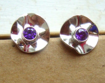 Earrings post hand fluted solid sterling silver flower, tube bezel set birthstone- Made in the USA by me -red,yellow,blue,green,purple,white