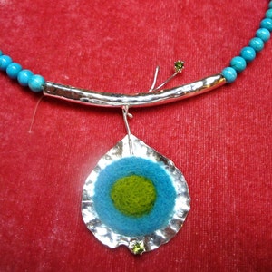 Clearance coupon SALE  Felt Necklace Twigs, flower, pipe- .925 sterling silver recycled  peridot, turquoise and Felt  about 2&quot;x3&quot;  - OOAK