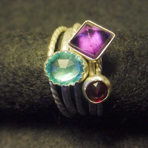 Distinctive Stacking Shapes 5 Stacker rings - nautral amethyst - blue topaz - created ruby -  925 sterling silver