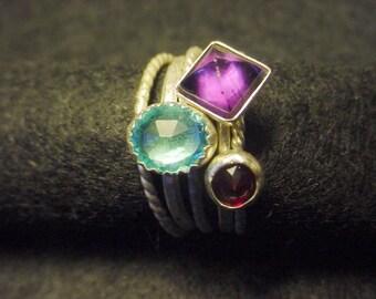 Distinctive Stacking Shapes 5 Stacker rings - nautral amethyst - blue topaz - created ruby -  925 sterling silver