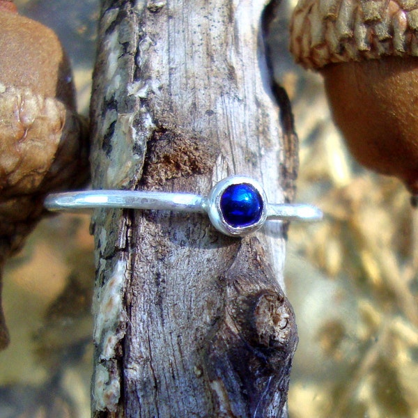 SALE Ring sweet little iridescent peacock blue stone in eco friendly solid silver - Custom Made in your Size - 3mm cabochon