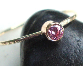 Ring Pink Moissanite in 14k gold  or silver 3mm .1 ct - Custom Made size - Fair Trade, ethical stacking Tube set Engagement Solitaire