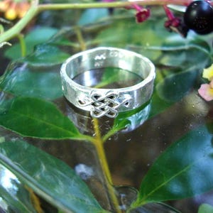 Puede incluir: Un anillo de plata con un diseño de nudo celta. El anillo está sobre una hoja verde, con flores y bayas coloridas en el fondo. El anillo tiene una superficie texturizada y un diseño de nudo detallado.