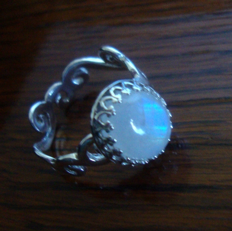 - 10x12mm Everyday engagement joy SALE Rainbow Moonstone Ring Fancy Curly band blue feminine solid sterling silver- Ready to mail Size 7