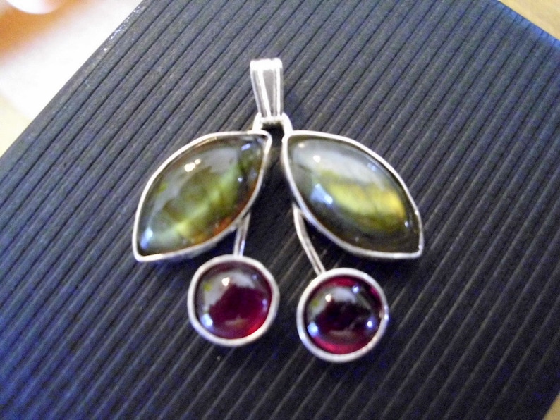 Cherry Pendant Labradorite leaves and natural garnet cherries and chain about 1 inch ethical sterling silver from recycled sources image 1