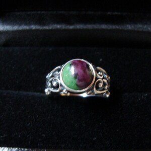 Ring -Ruby Zoisite set in eco-friendly sterling silver filigree sourced from recycle - Custom Made in your Size - a little July and May