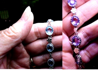 Alexandrite Bracelet color change lab, crown set in .925 sterling silver -Artisan Design, hand crafted. Pink Blue Purple, floral Custom size