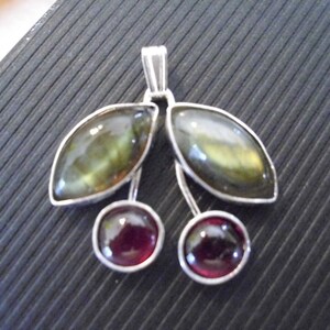 Cherry Pendant Labradorite leaves and natural garnet cherries and chain about 1 inch ethical sterling silver from recycled sources image 5