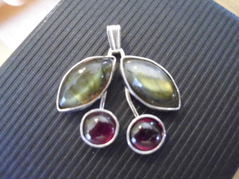 Cherry Pendant Labradorite leaves and natural garnet cherries and chain about 1 inch ethical sterling silver from recycled sources image 5