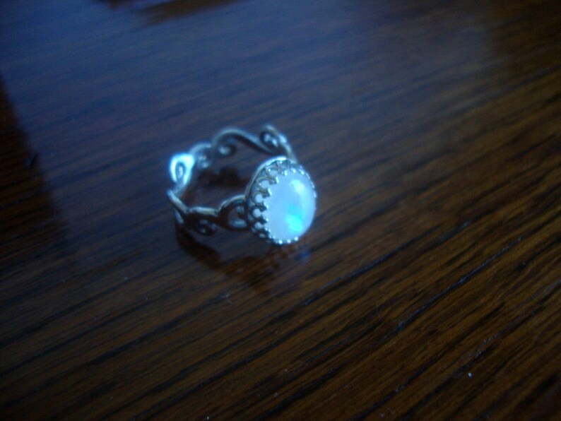 - 10x12mm Everyday engagement joy SALE Rainbow Moonstone Ring Fancy Curly band blue feminine solid sterling silver- Ready to mail Size 7