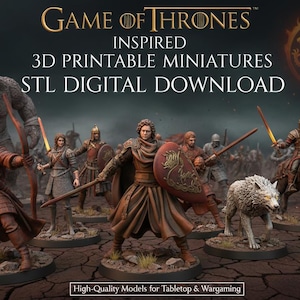 Puede incluir: Imagen promocional de miniaturas imprimibles en 3D inspiradas en Juego de Tronos. La escena muestra varias figuras, incluyendo guerreros y un gigante, con un lobo huargo. El texto en la imagen dice "3D Printable Miniatures STL Digital Download".