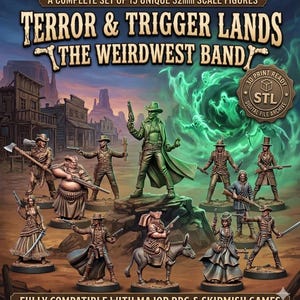 Pode incluir: Um conjunto completo de 15 figuras únicas em escala de 32 mm da coleção "Terror & Trigger Lands". As figuras retratam personagens com tema western, incluindo uma figura em um burro e figuras com armas. As figuras estão prontas para impressão 3D.