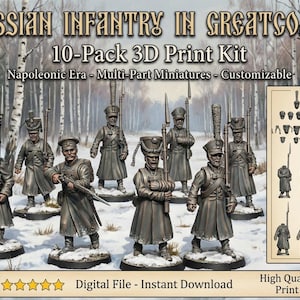 Pode incluir: Um kit de impressão 3D de 10 soldados de infantaria russos em casacos da época napoleónica. As miniaturas são multi-peças e personalizáveis. A imagem mostra várias figuras com rifles e um separador de peças. O texto diz "Etsy" e "Download instantâneo."