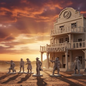 Puede incluir: Una escena de diorama del Salvaje Oeste con un salón de madera y figuras de vaqueros. Las figuras están en poses de acción contra un telón de fondo desértico. El cielo muestra vibrantes tonos de puesta de sol.