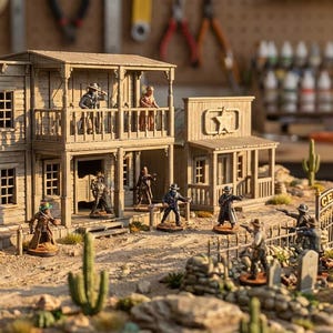 Puede incluir: Diorama en miniatura detallado de un pueblo del Salvaje Oeste, con edificios de madera, figuras y un cementerio. La escena incluye un salón, una tienda general y un cementerio, con figuras en miniatura de vaqueros y habitantes del pueblo. El texto "DIGITAL STL PRE-SUPPORTED SCALABLE" está incluido.