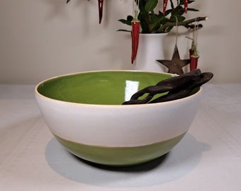 Large Ceramic Handmade Bowl - Glazed in Avocado Green and White