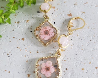 Earrings made of natural flowers and resin. Rose quartz stones. Lucky jewelry. Gift for her.