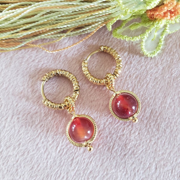 Creole and red agate earrings. Trendy summer jewelry. 18K gold plated. Lucky charm. Gift idea for her.