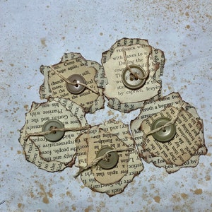 Vintage book paper flower clusters with buttons and twine. Handmade set of 5 clusters. Embellishments for junk journals and notebooks.