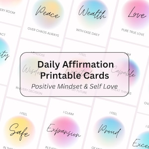 Puede incluir: Un conjunto de tarjetas de afirmación imprimibles con frases como "Paz", "Riqueza" y "Amor". Cada tarjeta presenta un fondo de color pastel y una escritura elegante. Las tarjetas están diseñadas para una mentalidad positiva y amor propio.