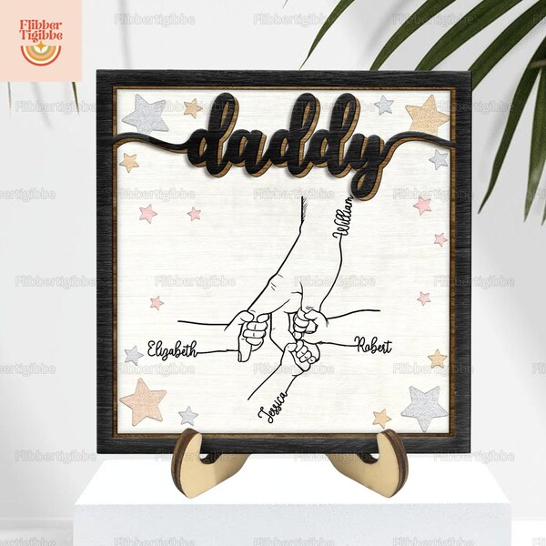 Hand in hand houten plaquette, gepersonaliseerde vader en kind hand in hand houten plaquette, aangepaste kindernaam plaquette, houten bordframe met standaard