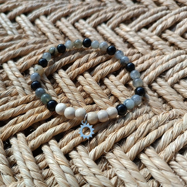 Bracelet perles gemmes Labradorite, Tourmaline noire et bois