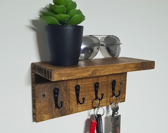 Rustic Key Holder with Shelf – Wall Mounted Wooden Key Rack with Hooks – Entryway Hallway Organiser